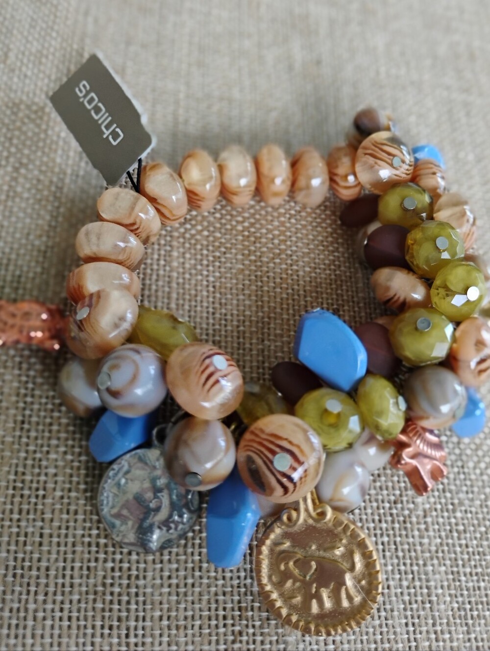NWT Chico's Multi-Bead Coins Turtle Shell Charms Bracelet - Nature / Beach